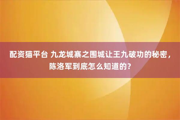 配资猫平台 九龙城寨之围城让王九破功的秘密，陈洛军到底怎么知道的？